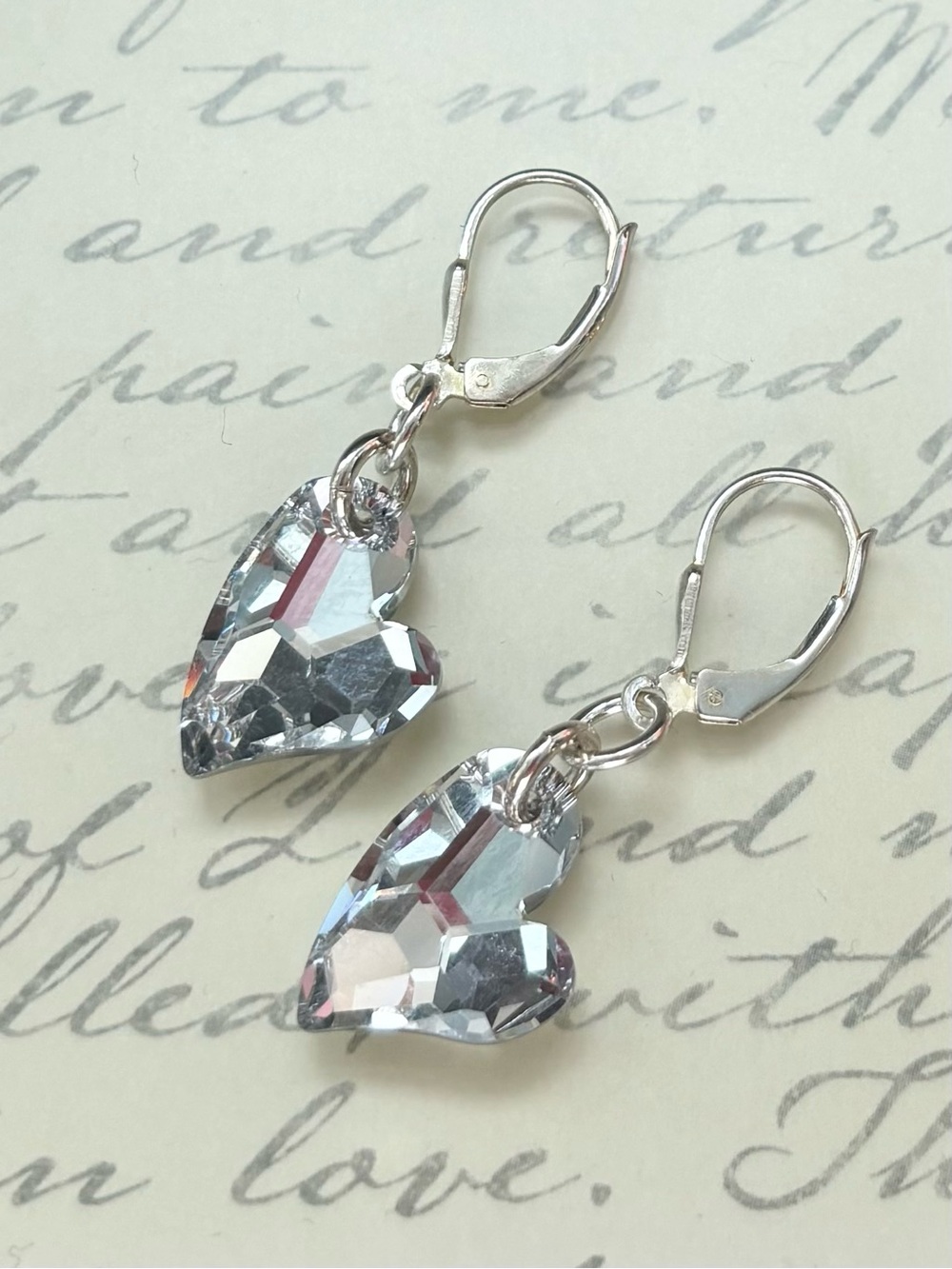 Sterling Silver Heart Crystal Drop Leverback Earrings